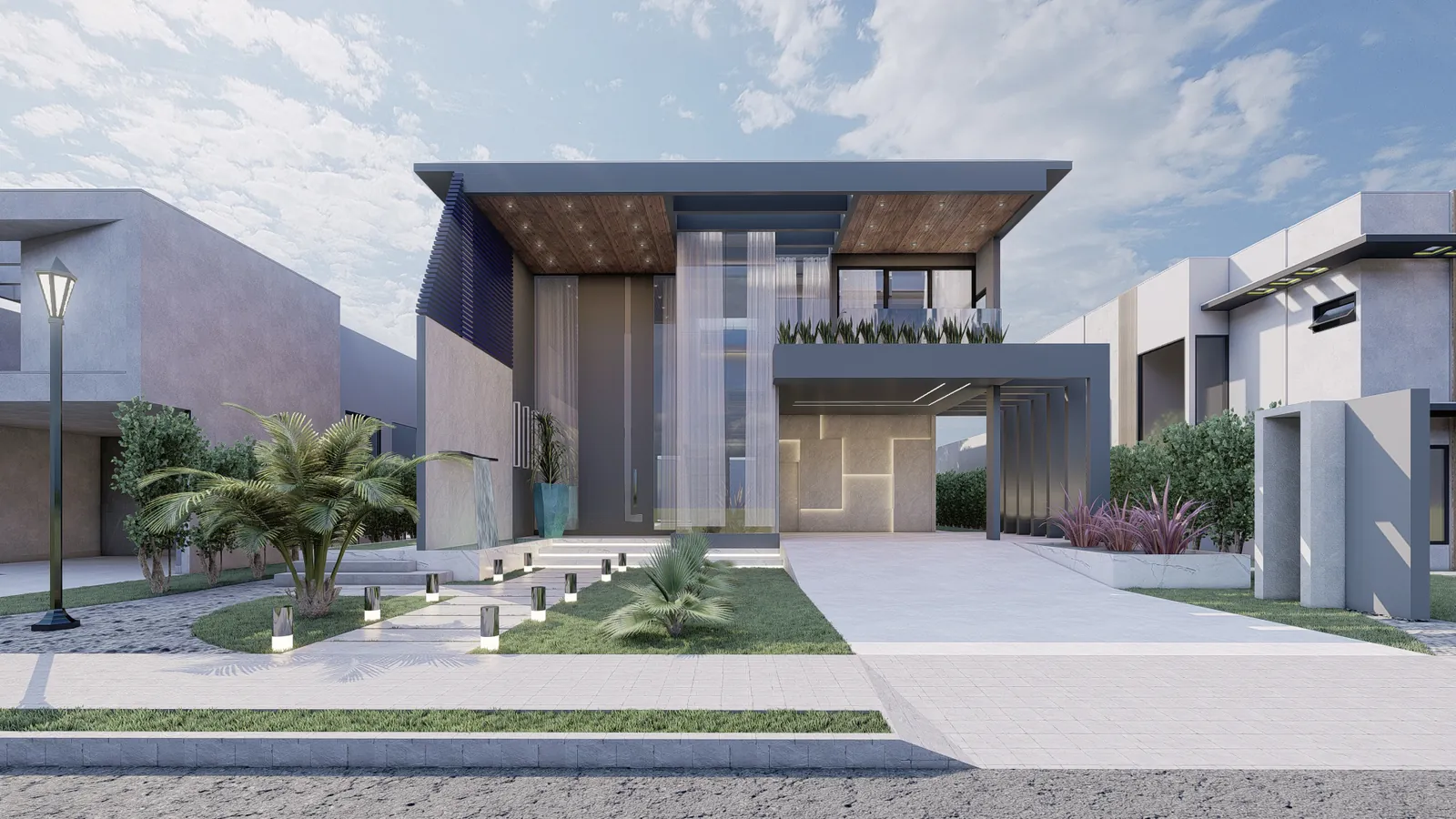 Fachada frontal de dia, com pé-direito triplo, painel de vidro e jardim de entrada