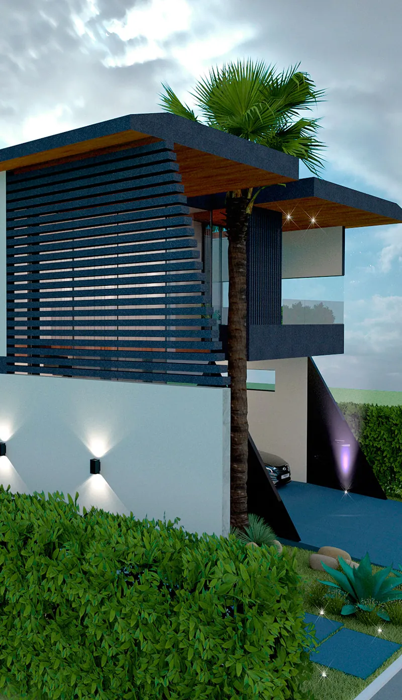 Lateral da casa com brises verticais e jardim