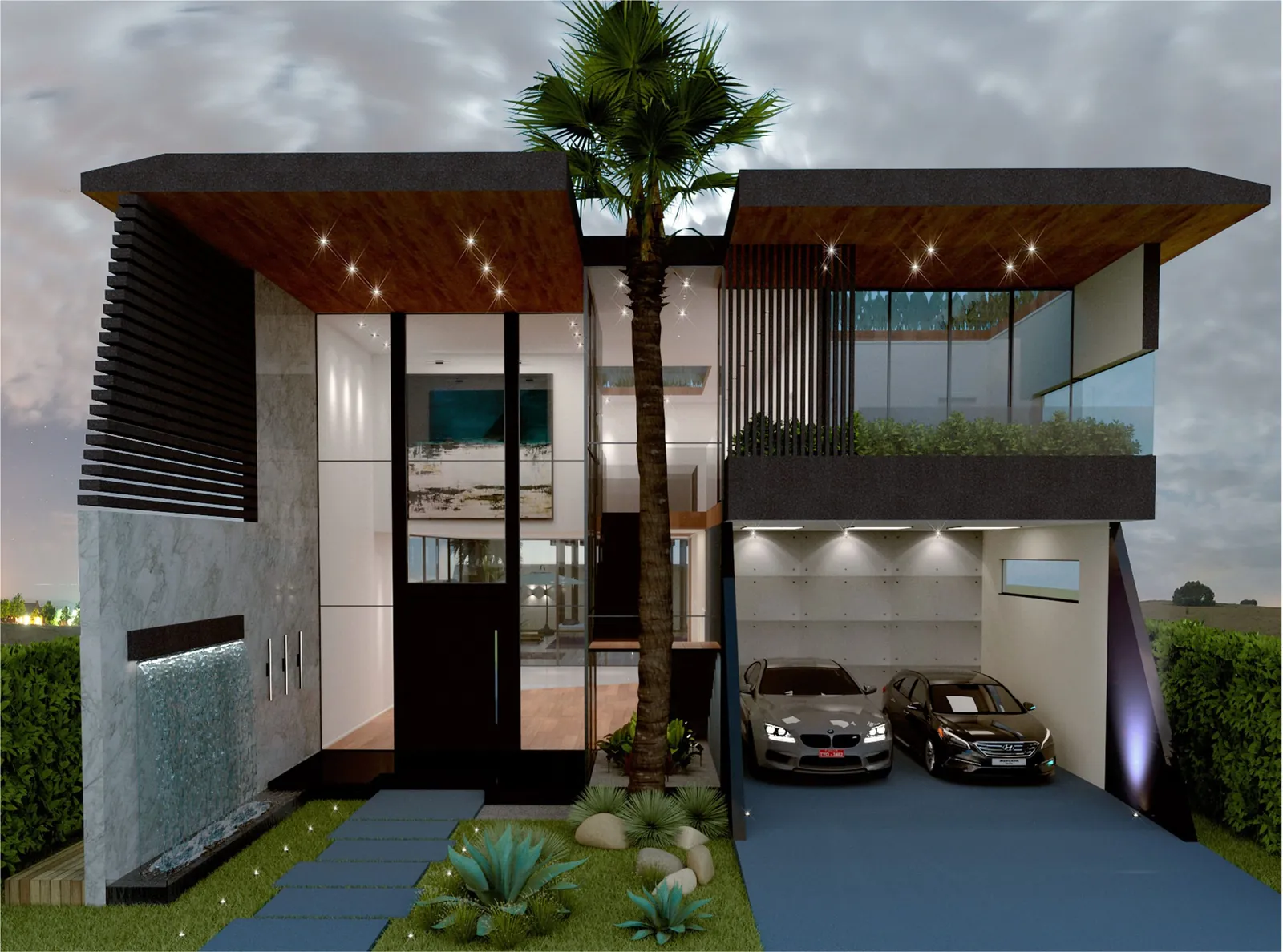 Fachada de uma casa projetada pela Milano Design, iluminada à noite, com palmeira e garagem para dois carros